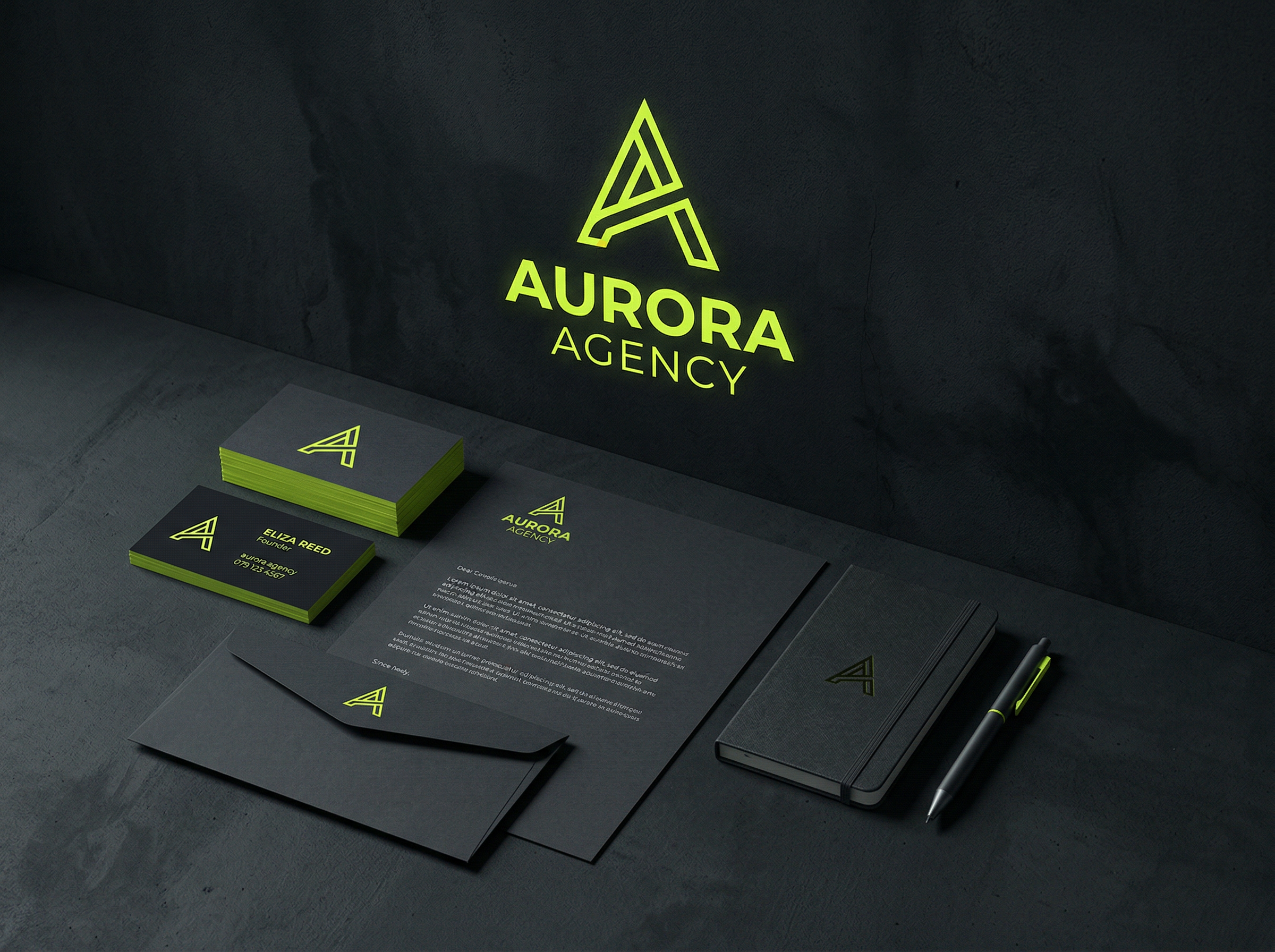 Aurora Agency brand identity system on stationery