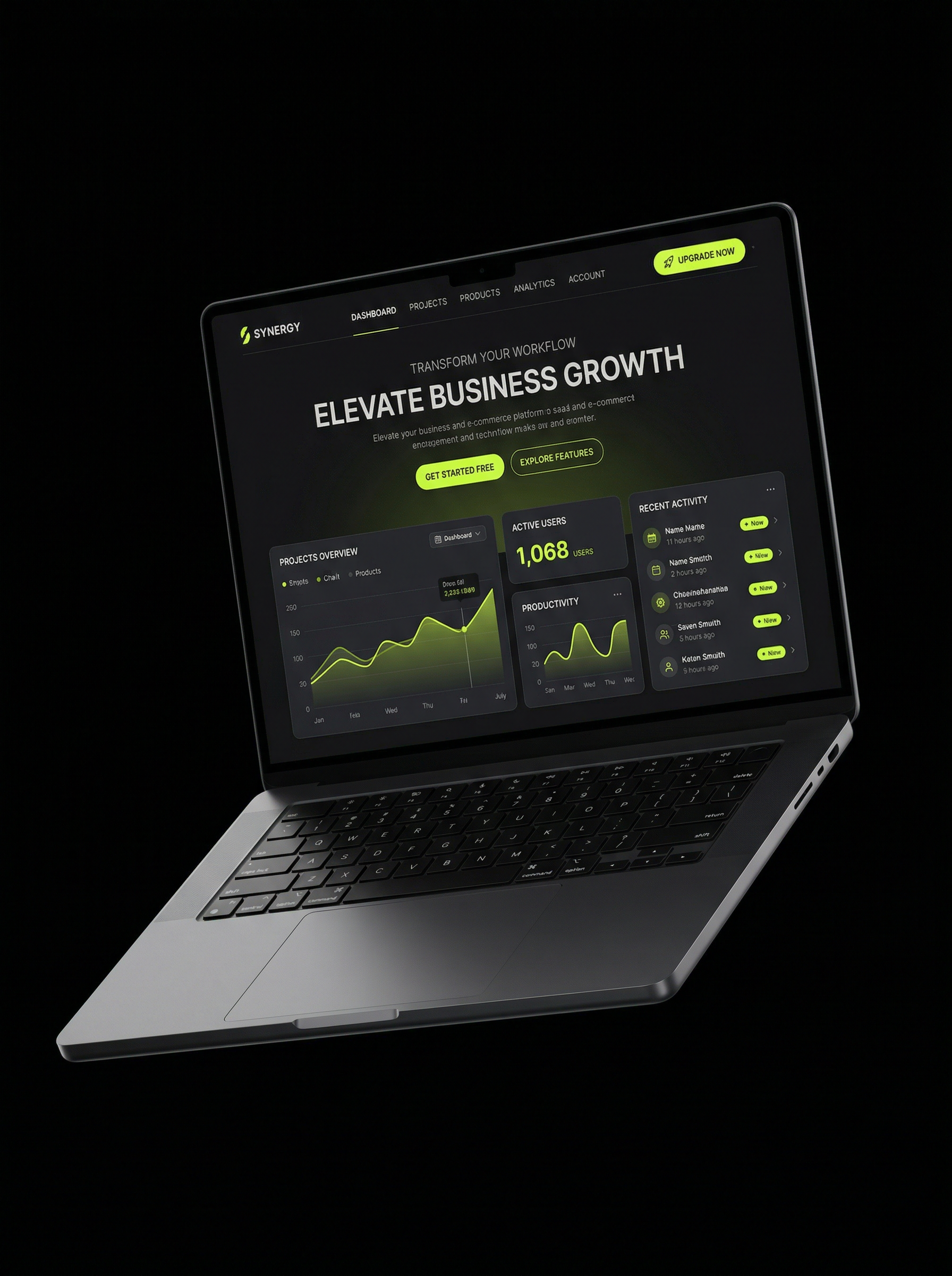 Synergy SaaS dashboard web design on a floating laptop