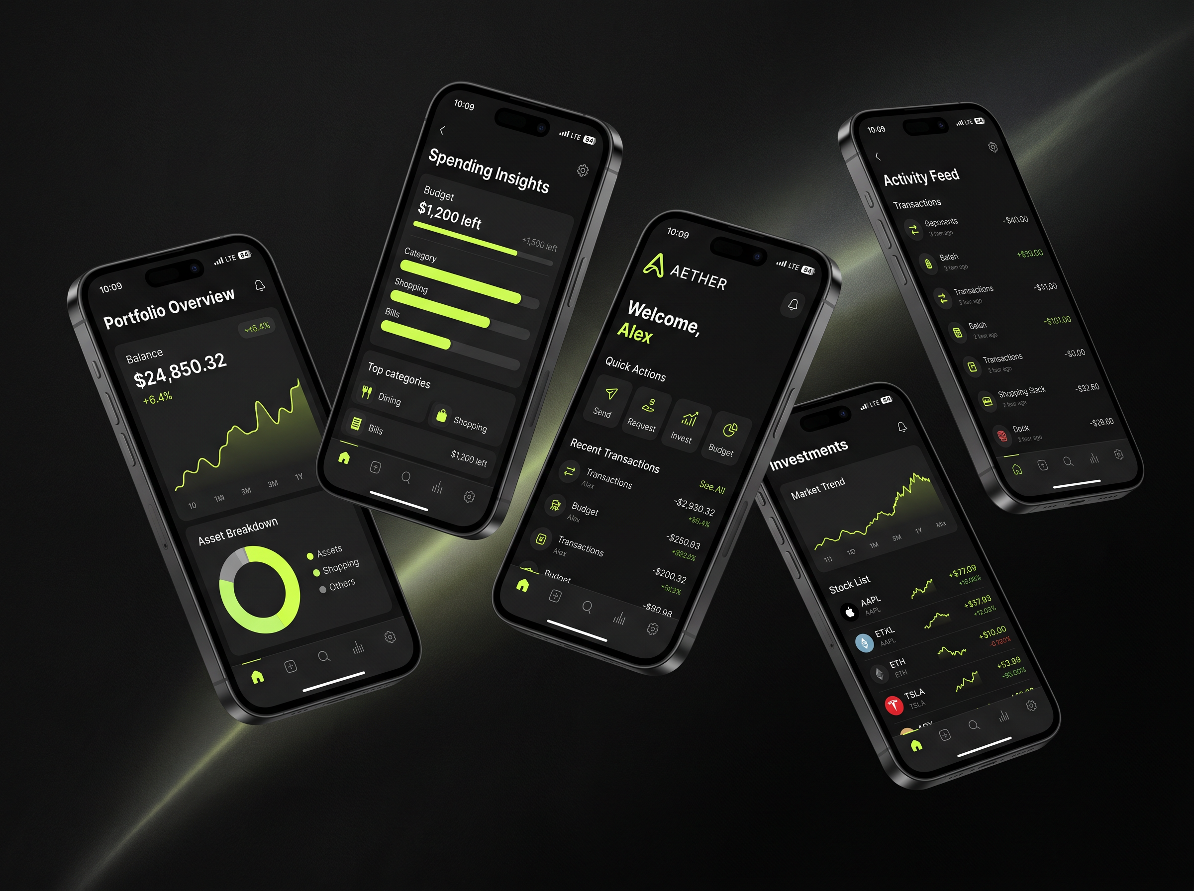 Aether fintech mobile app mockups on multiple devices