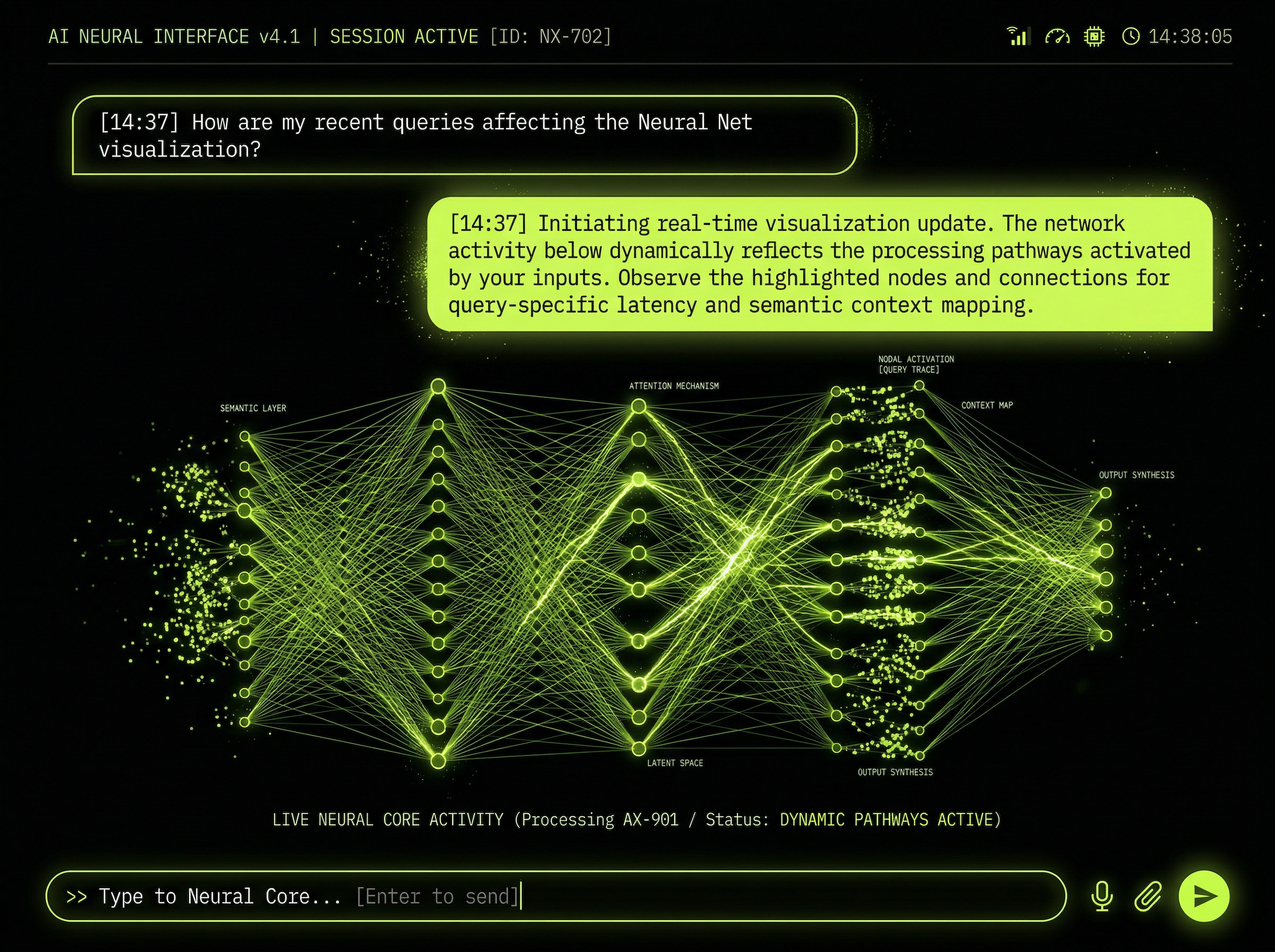 Neural Core AI chatbot interface with live network visualization