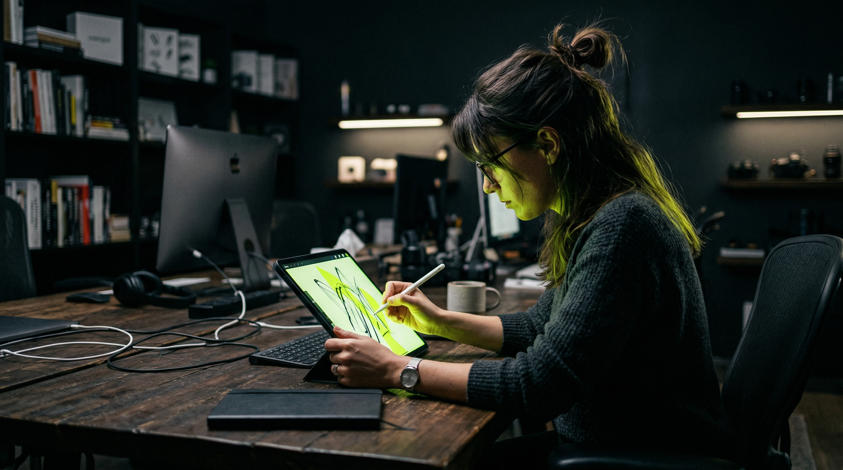Designer sketching on tablet in dark studio