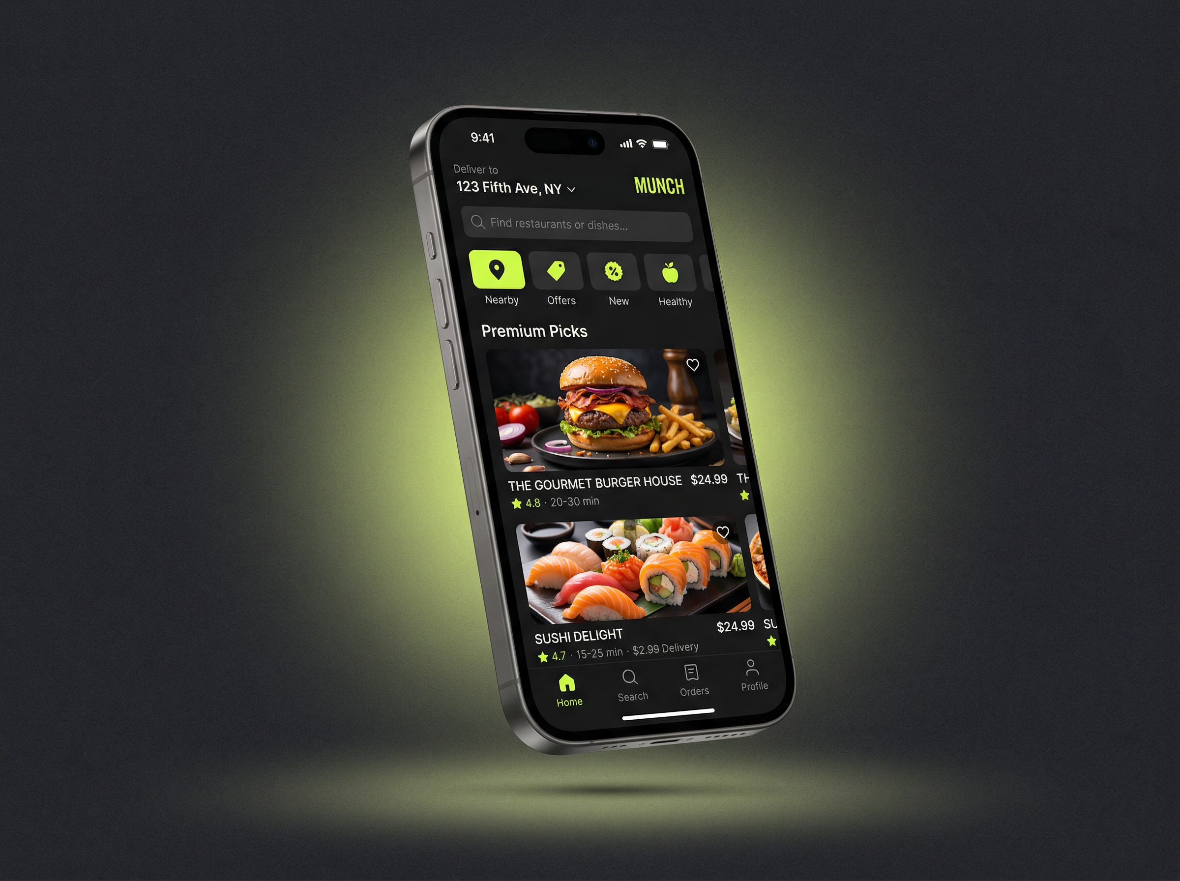 Munch food delivery app interface on iPhone