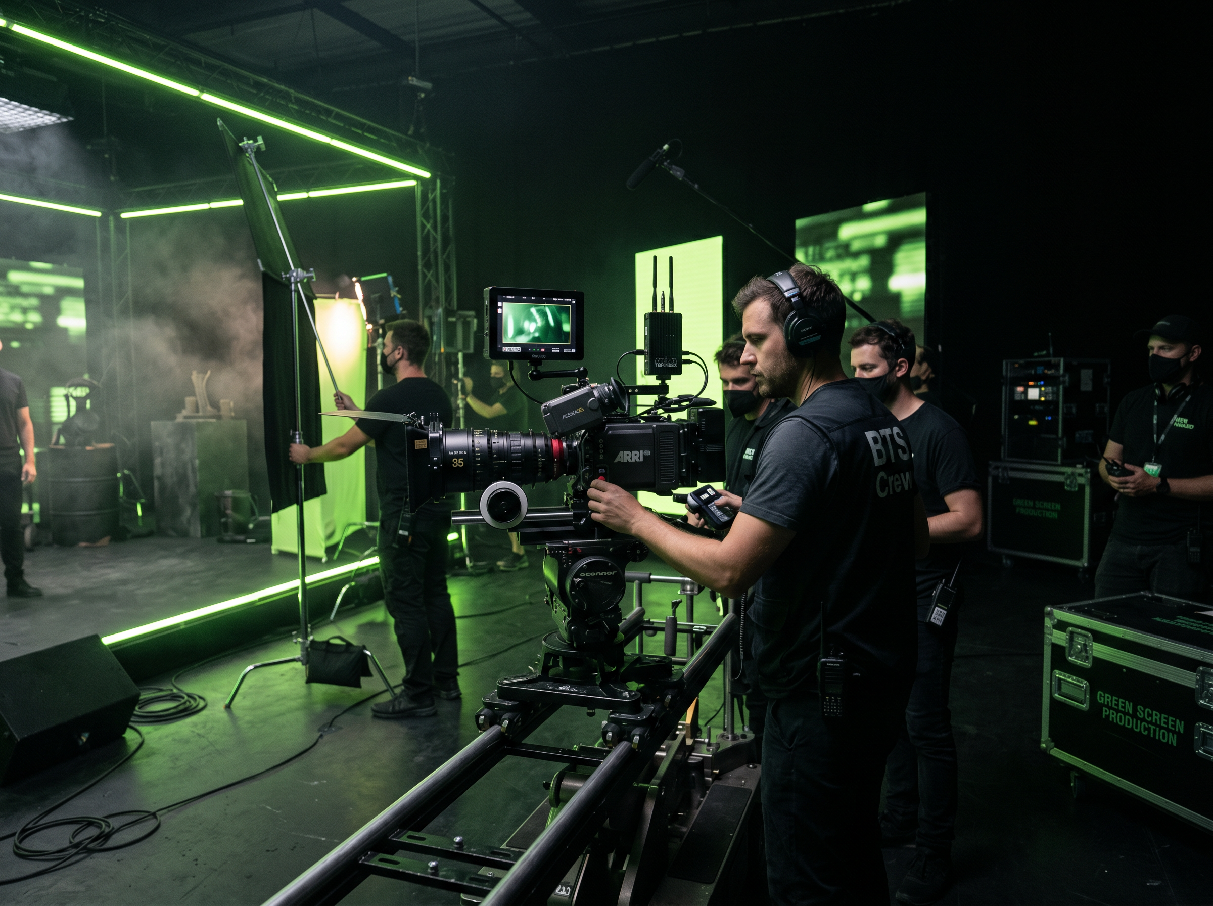 Film production crew on green-lit studio set