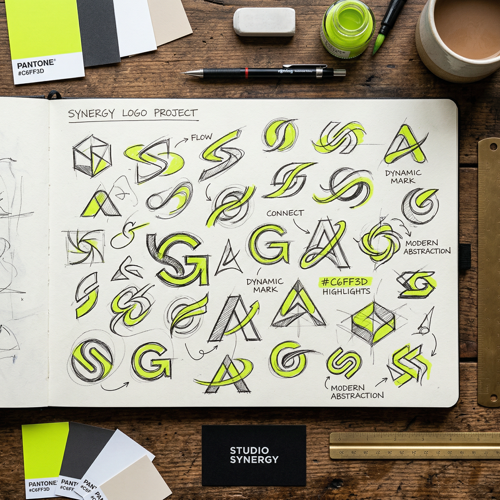 Sketchbook of hand-drawn logo explorations